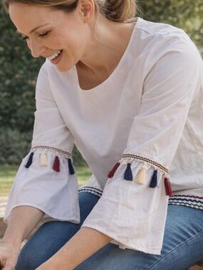 bobeau White Bell-Sleeve Top with Colorful Tassel Trim